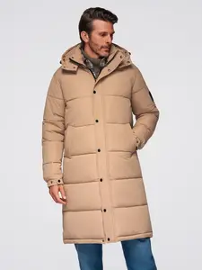 Ombre Men's quilted long jacket with detachable hood - beige