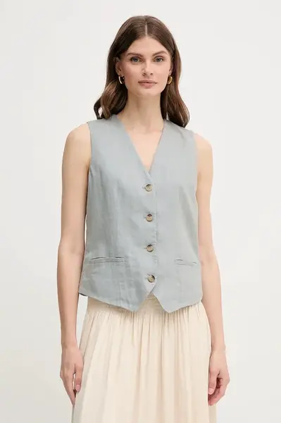 Lněná vesta United Colors of Benetton béžová barva, jednořadá