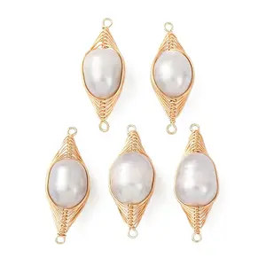 Copper Herringbone Wire-Wrapped Natural Pearl Round Links Connector Charms