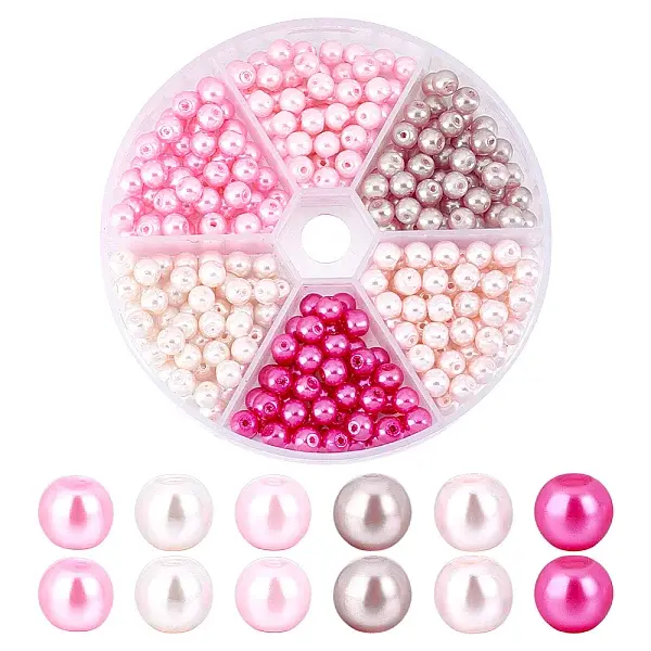 300Pcs 6 Colors Baking Painted Pearlized Glass Pearl Round Beads