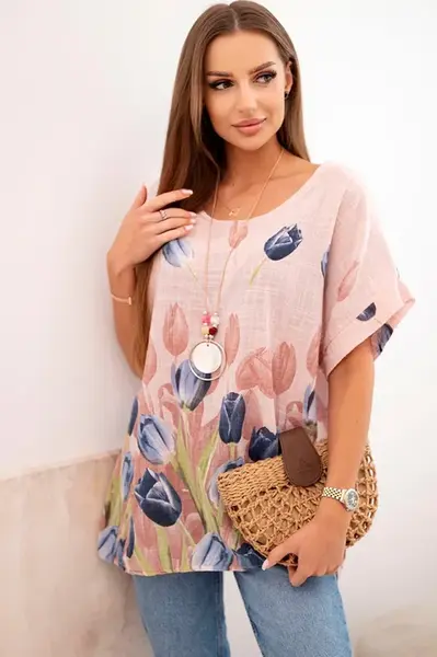 Kesi Włoski Dámska bavlnená košeľa s kvetinovým vzorom púdrová ružová