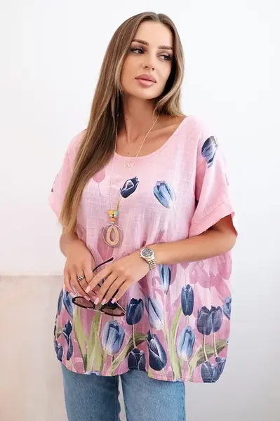 Kesi Włoski Dámská bavlněná košile s květinovým vzorem světle růžová