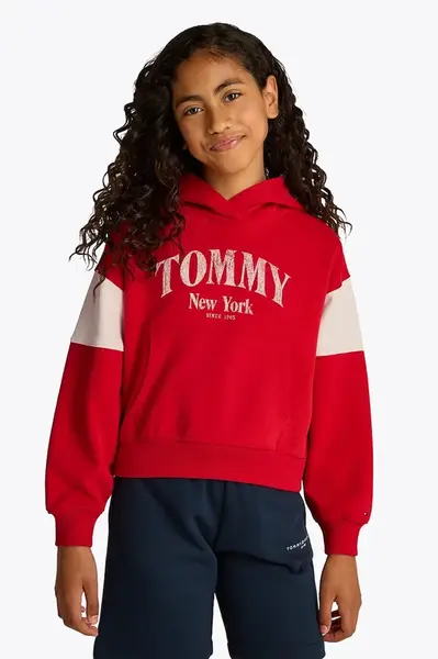 Dětská bavlněná mikina Tommy Hilfiger červená barva, s kapucí, s potiskem, KG0KG08520