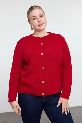 Trendyol Curve Red Crew Neck Buttoned Knitwear Cardigan
