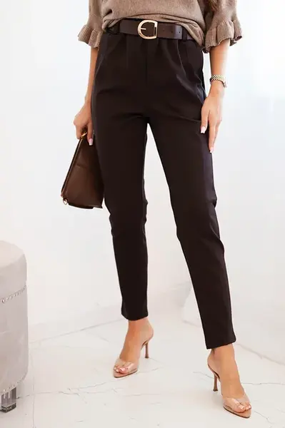 Kesi Włoski Dámské viskózové kalhoty s páskem a zúženými nohavicemi hnědé