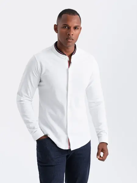 Ombre Men's SLIM FIT cotton shirt with stand-up collared colored stripes - white