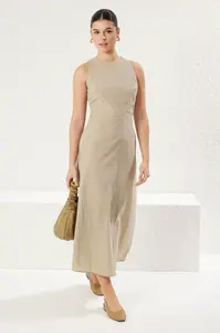 Trendyol Dark Beige A Cut Back Detail Midi Woven Dress