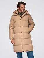 Ombre Men's quilted long jacket with detachable hood - beige