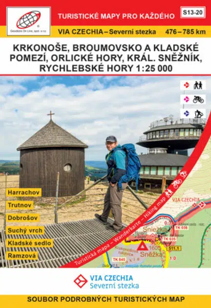 VIA CZECHIA - Severní stezka, BOX 3, S13-20 Krkonoše-Rychlebské hory 1 : 25 000, 476. – 785. km Severní stezky (pěší varianta); Harrachov - Trutnov - 