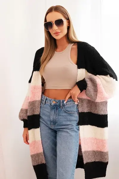 Kesi Włoski Dámský kardigan s vlnou v barevných pruzích černý