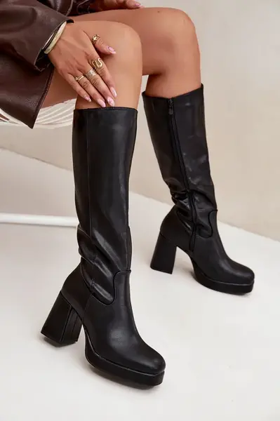 Boto Dámské Kozáky Před Kolena Na Zip Podpatek Sloupek Černé Selvia