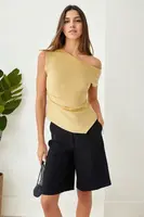 49777 Dewberry Asymmetrical Collar Womens Blouse-YELLOW