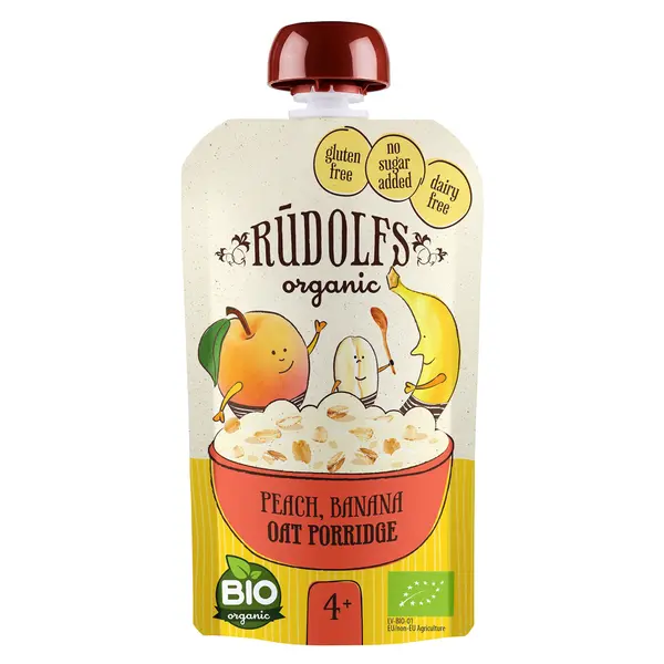 RUDOLFS Bio kapsička broskev, banán, celozrnná ovesná kaše 4m+ 110 g
