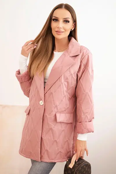 Kesi Włoski Dámská bunda Plus Size prošívaná s límcem a knoflíkem tmavě růžová
