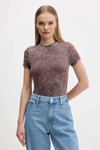 Tričko Tommy Jeans dámské, hnědá barva, DW0DW21531