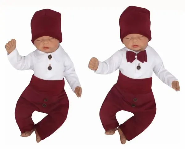 4-dielna súpravička body, tepláčky, čiapočka a motýlik, biela/bordó, veľ. 74