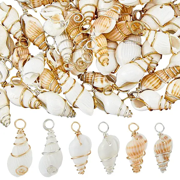 60Pcs 6 Styles Copper Wire Wrapped Natural Shell Pendants