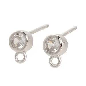 925 Sterling Silver Micro Pave Clear Cubic Zirconia Flat Round Stud Earrings Findings
