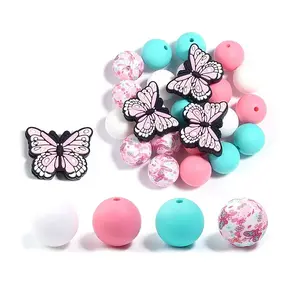25Pcs Butterfly & Round Silicone Focal Beads