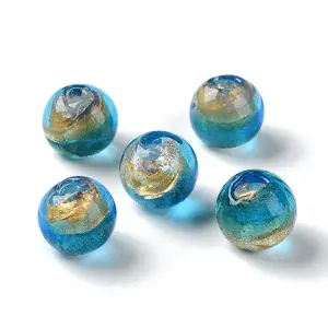 Handmade Gold Sand with Silver Foil Lampwork Beads Strand