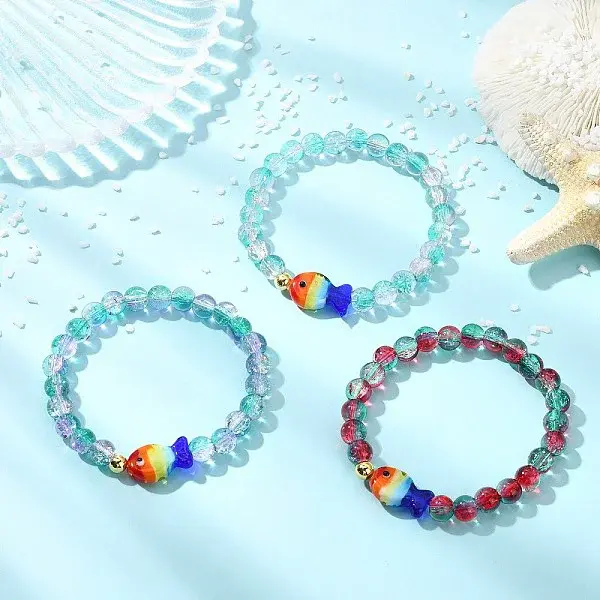 Two Tone Crackle Glass & Handmade Lampwork Beads Stretch Bracelets for Women