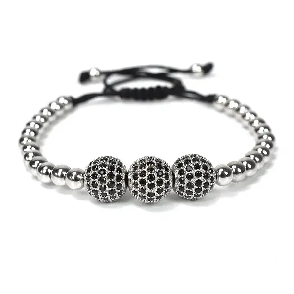 Adjustable Brass with Black Cubic Zirconia Beaded Braided Bracelets