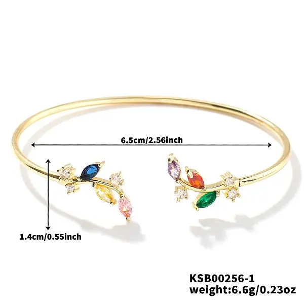 Elegant Brass Cubic Zirconia Leaf Cuff Bangles for Women