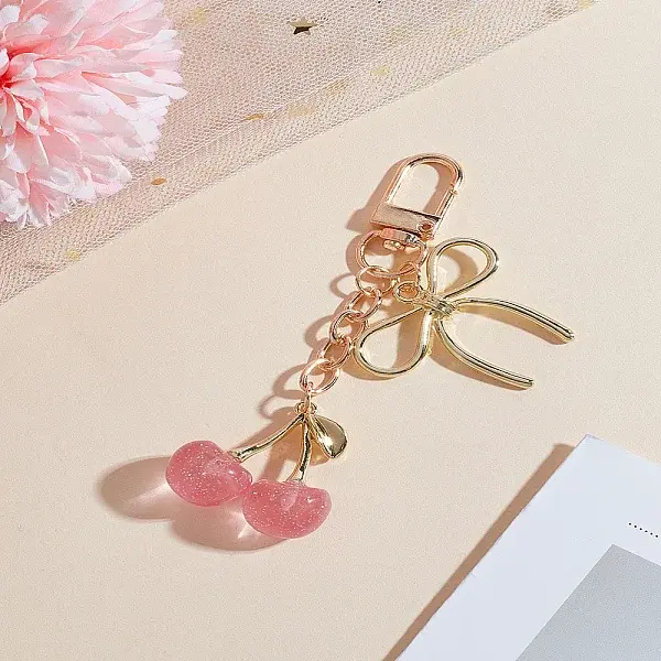1Pc Cherry & Bowknot Alloy Resin Pendant Decorations
