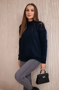 Svetr s vysokým výstřihem a diamantovým vzorem tmavě modré