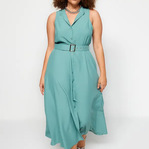 Trendyol Curve Mint Belted Woven Shirt Dress