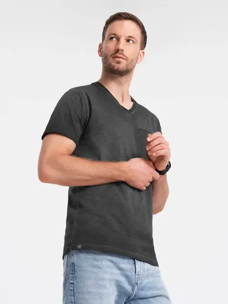 Ombre Men's brindle V-neck t-shirt with pocket - black