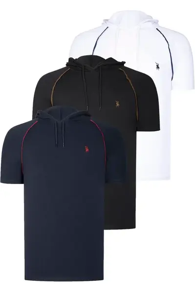 TRIPLE SET T8570 DEWBERRY HOODED MEN'S T-SHIRT-NAVY BLUE-WHITE-BLACK