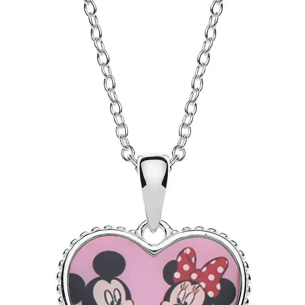 Disney Romantický stříbrný náhrdelník Minnie and Mickey Mouse (řetízek, přívěsek)