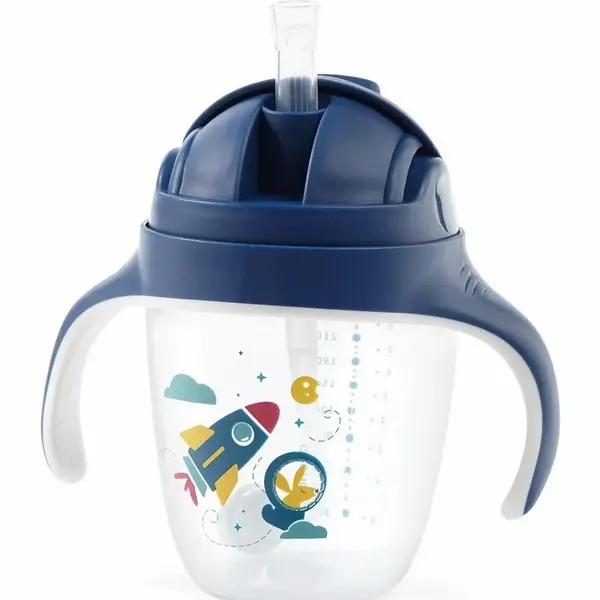 Babyono Nekapající hrneček se zatíženým brčkem, 240 ml, modrý