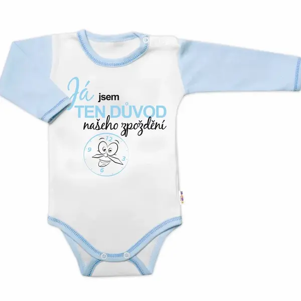 Baby Nellys Body dl. rukáv s vtip. textem , Já jsem TEN DŮVOD našeho zpoždění, vel. 86 kluk vel.  86 kluk