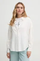 Lněná košile Dkny dámská, béžová barva, regular, s klasickým límcem, DJ5W2111
