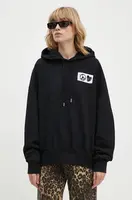 Bavlněná mikina Moschino Jeans dámská, černá barva, s kapucí, s potiskem, 1705.8233