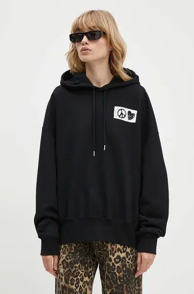 Bavlněná mikina Moschino Jeans dámská, černá barva, s kapucí, s potiskem, 1705.8233
