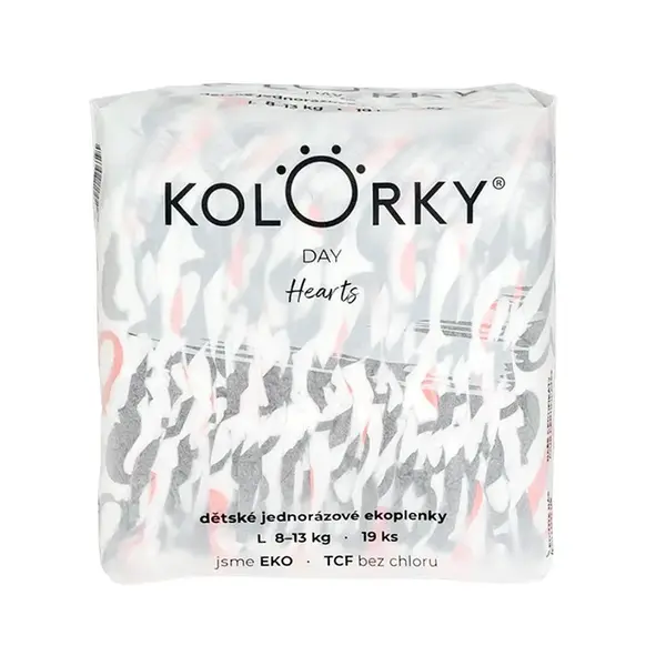 KOLORKY DAY Jednorázové eko plenky vel. L 8-13 kg 19 ks srdce