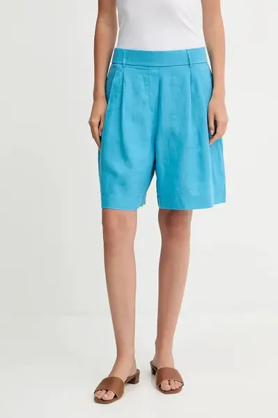 Lněné kraťasy United Colors of Benetton modrá barva, high waist, 4AGHD901V