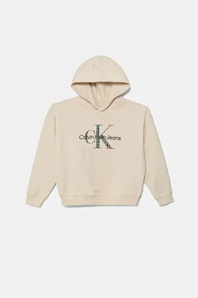 Mikina Calvin Klein Jeans béžová barva, s kapucí, hladká, IB0IB02524
