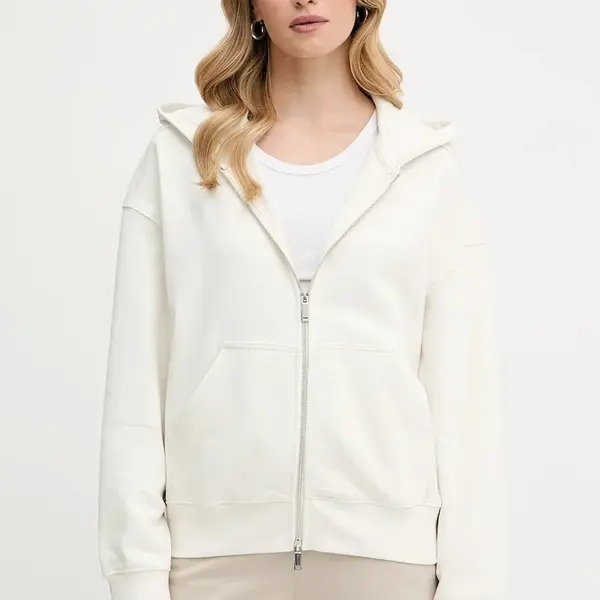 Bavlněná mikina Calvin Klein dámská, béžová barva, s kapucí, hladká, LV044C211G