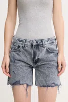 Bavlněné riflové kraťasy Pepe Jeans REGULAR SHORT MW DISTRESSED dámské, tmavomodrá barva, melanžové, medium waist, PL801186UN4