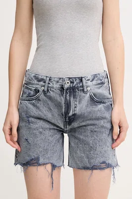 Bavlněné riflové kraťasy Pepe Jeans REGULAR SHORT MW DISTRESSED dámské, tmavomodrá barva, melanžové, medium waist, PL801186UN4