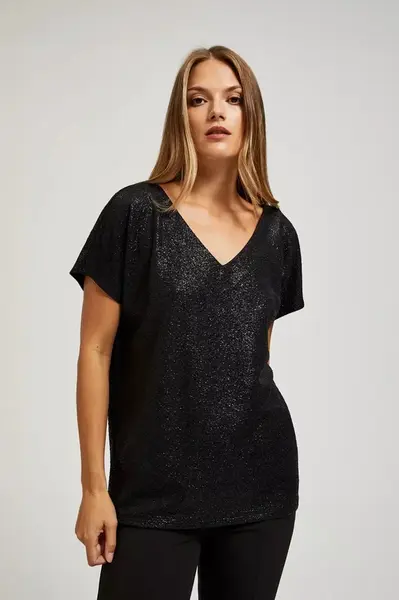 Marisse Elegant V-Neck Blouse Made Of Shiny Black Fabric