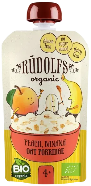 RUDOLFS BIO Ovocný bezlepkový príkrm Broskyňa, banán, celozrnná ovsená kaša 110 g
