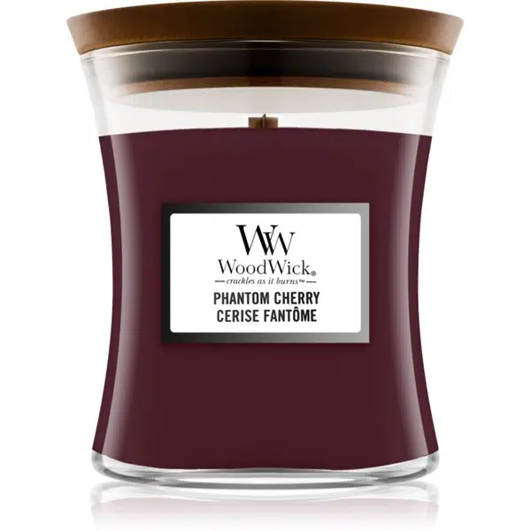 Woodwick Phantom Cherry vonná sviečka s dreveným knotom 275 g