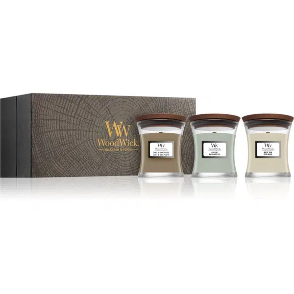 Woodwick Fireside + White Teak + Sand & Driftwood darčeková sada 3x85 g