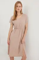 Bigdart 2378 V Neck Slit Knitted Dress - Biscuit
