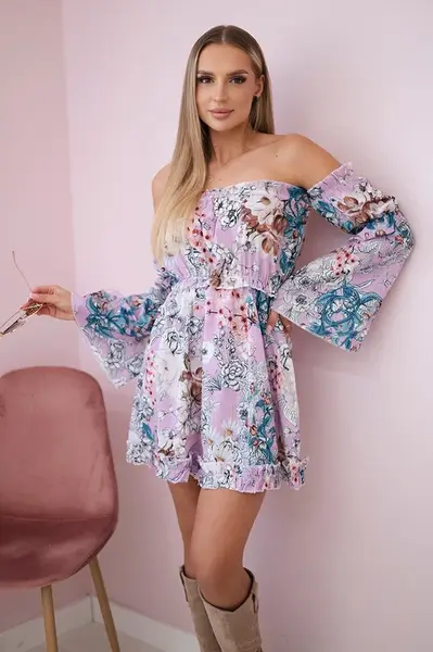 Floral shoulder dress in purple color